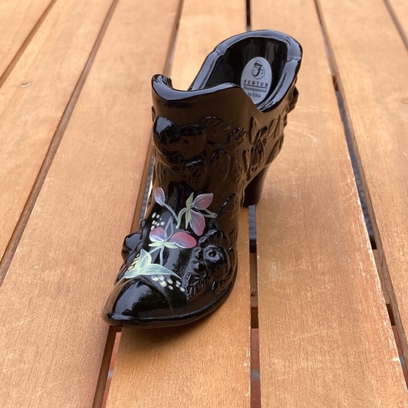 Fenton Other - Vintage Fenton Glass signed hand painted black floral glass slipper